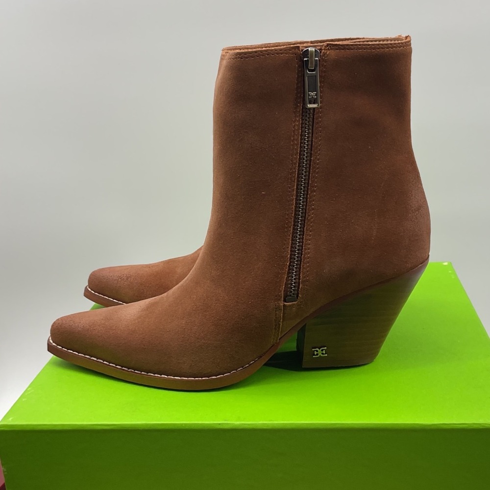 Sam Edelman Jane Tan Suede Pointed Toe Ankle Boots Size 9M Western Block Heel